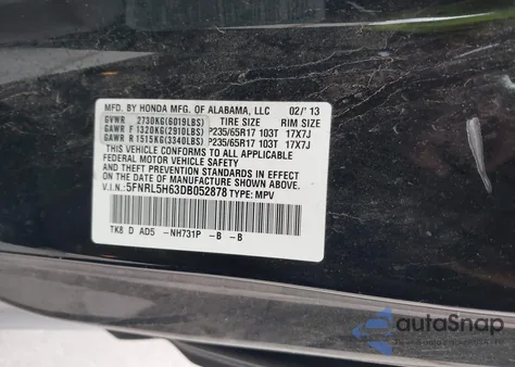 2013 Honda Odyssey Ex-L z USA, uszkodzony, nr VIN 5FNRL5H63DB052878